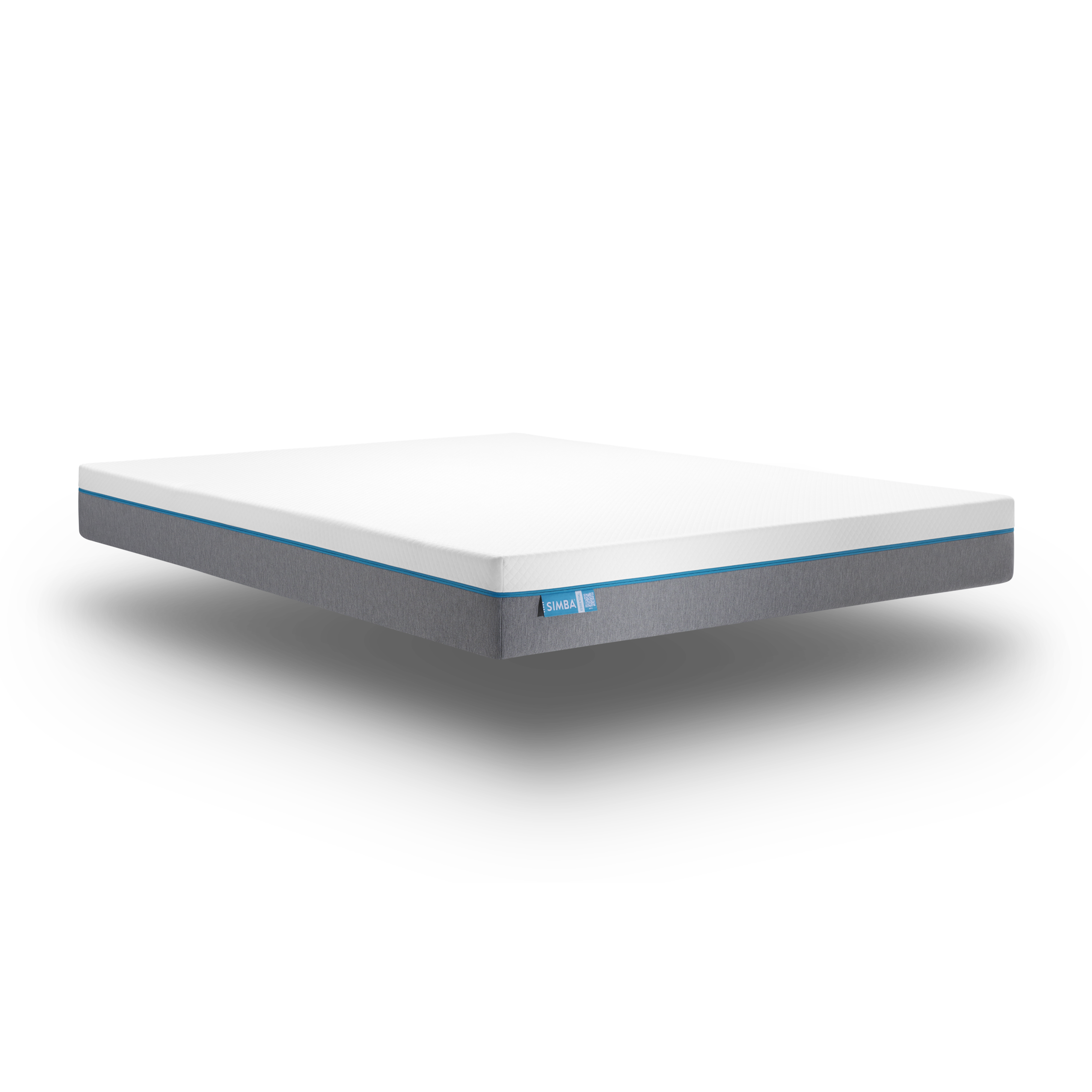 A mattress with a white quilted top and a navy side panel, shown at an angle on a black ground.