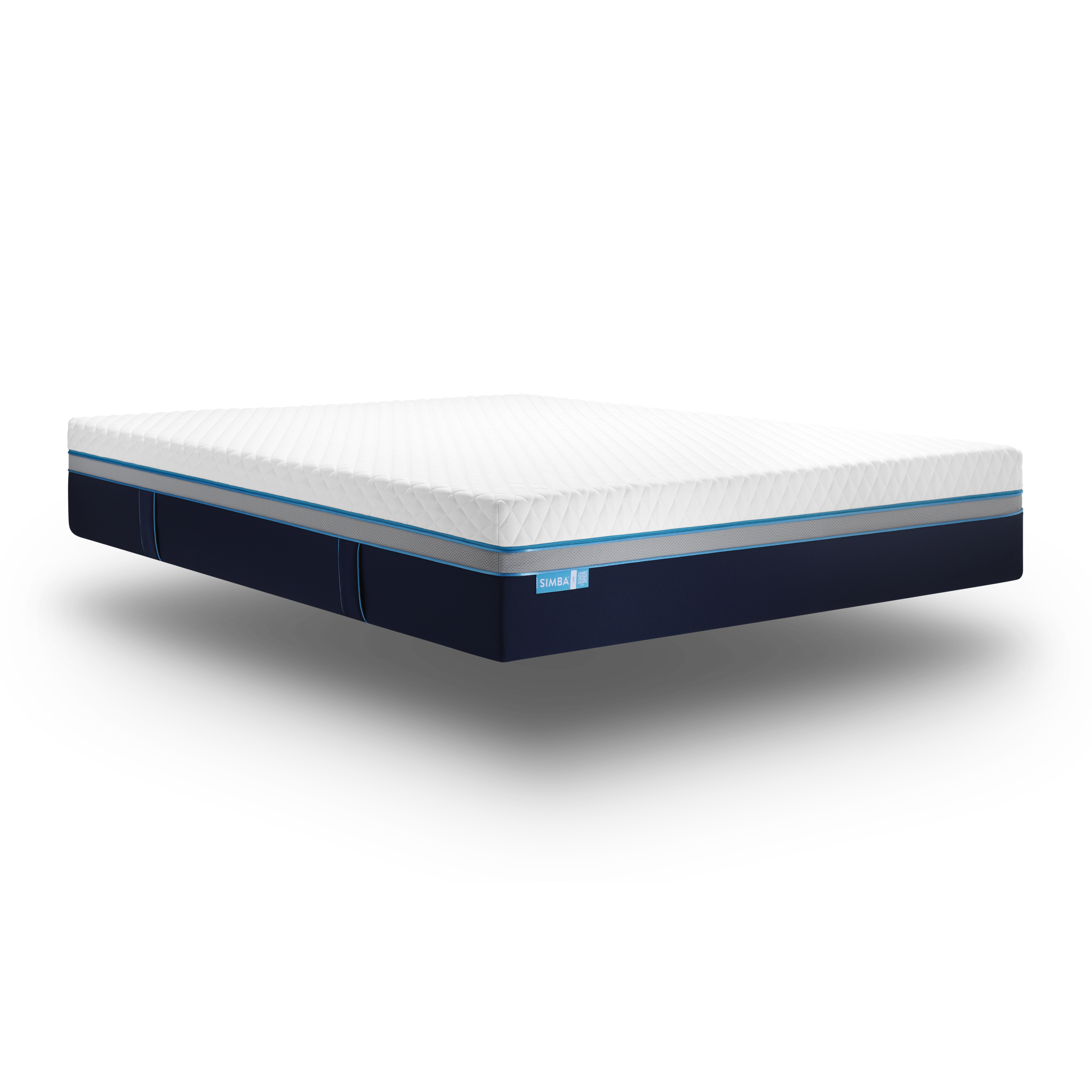 A deep mattress with a white quilted top and a navy side panel, shown at an angle.