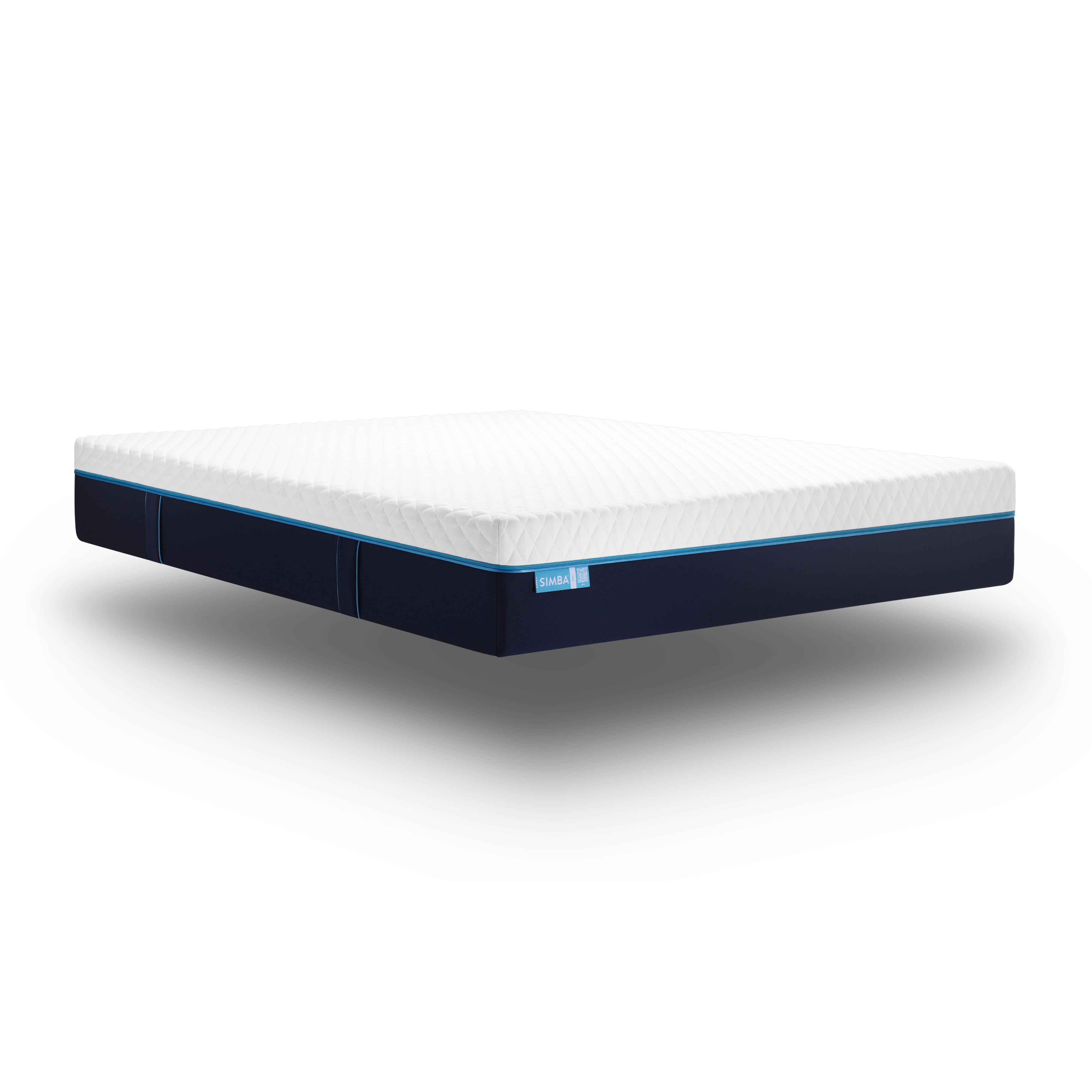 A mattress with a white quilted top and a navy side panel with blue piping, shown at an angle.